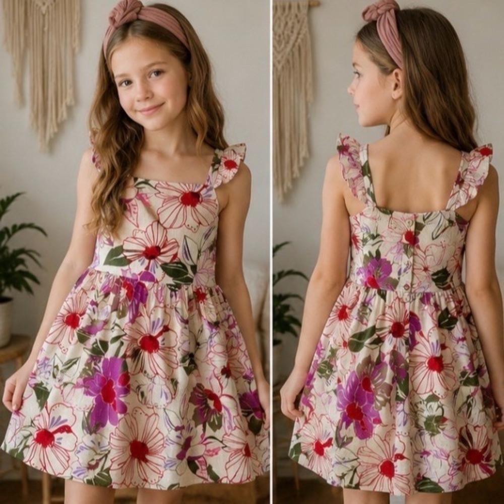 Paisley Jane Sundress Girls Size 10 Ivory Floral Midi Ruffle Straps cottagecore